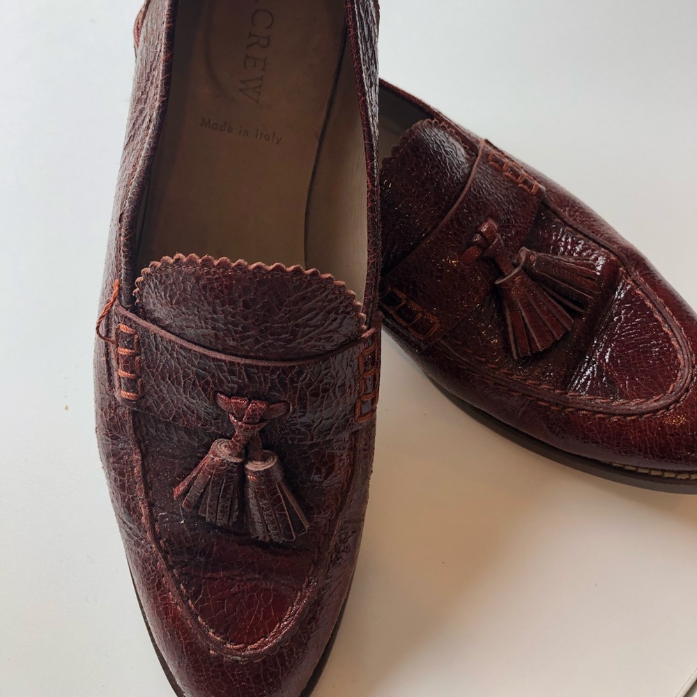 J Crew Biella Crackled Leather Tassled Loafer